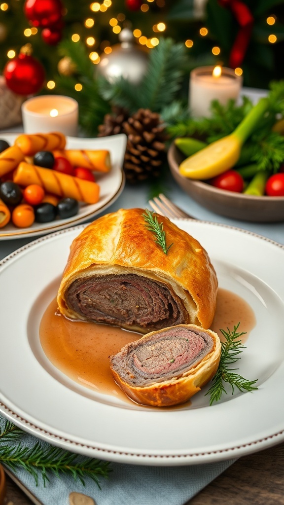 Christmas Dinner Jacket Recipe A golden-brown Christmas dinner jacket with beef tenderloin, garnished with herbs, served with festive sides on a holiday table.